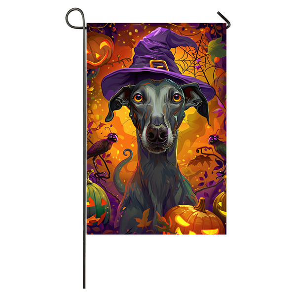 Greyhound Dog Halloween Garden Flag, Spooky Dog Witch Halloween House Flag