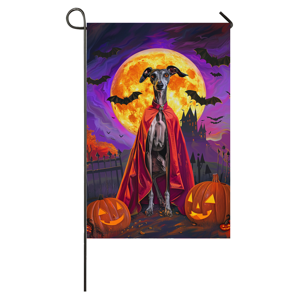 Greyhound Dog Halloween Garden Flag, Spooky Dog Vampire Halloween House Flag