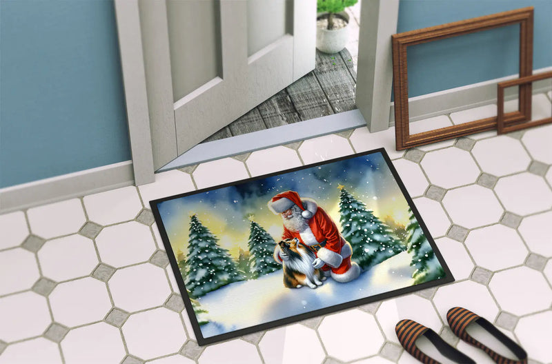 Christmas Doormat with Sheltie Dog & Santa Claus – Holiday Door Mat for Indoor or Outdoor Use