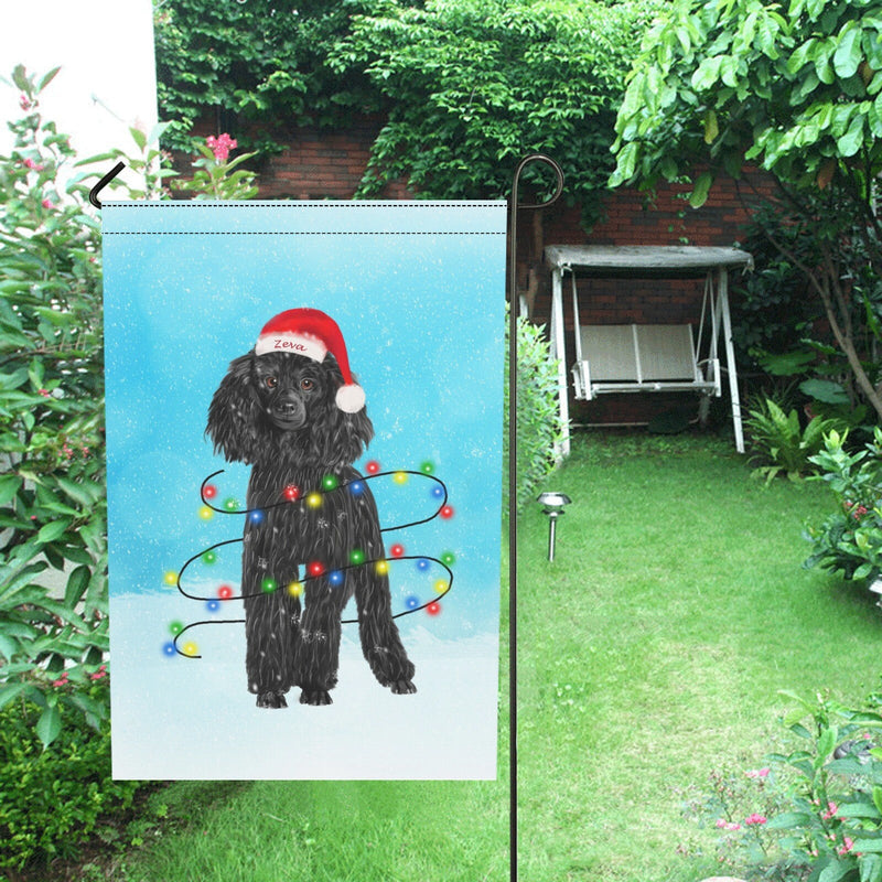 Poodle Christmas Garden Flag, Poodle in snow, Poodle with Christmas lights, Poodle Christmas decor, Black Poodle