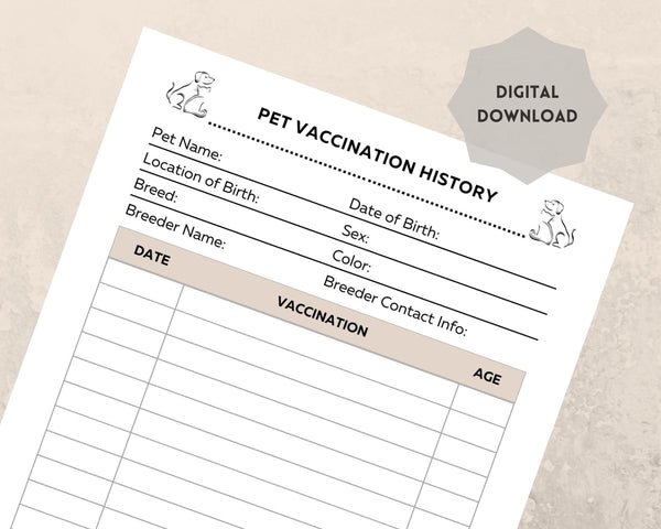 Pet Vaccination History Printable Form for Pet Owners, pet report, pet vaccine tracker, pet vaccine digital download