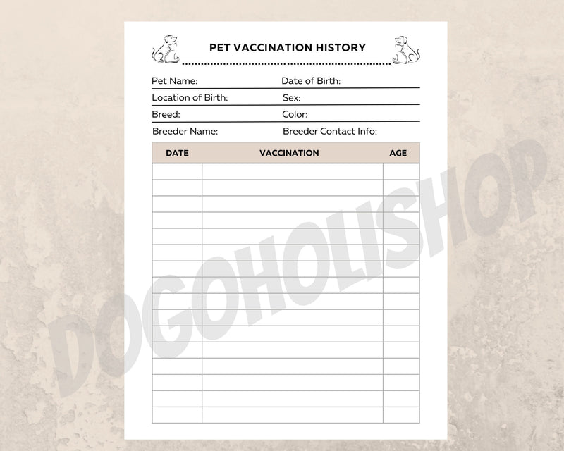 Pet Vaccination History Printable Form for Pet Owners, pet report, pet vaccine tracker, pet vaccine digital download