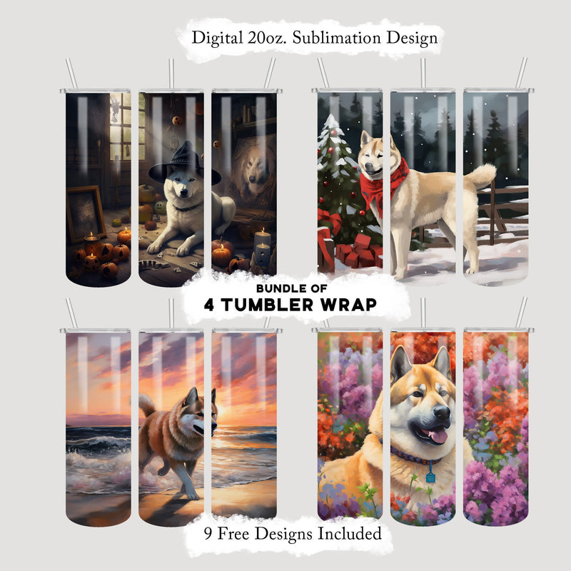 Akita Halloween & Christmas 20 oz Skinny Tumbler Wrap | Dog Mom Digital Sublimation Design PNG