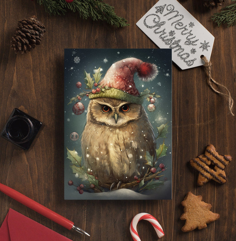 Owl Christmas Night Greeting Cards, Owl in Christmas Dress Cards, Owl with Santa Hat Cards, Owl in Snow