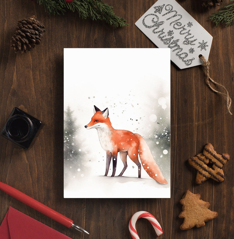 Fox Christmas Greeting Cards - Minimalist Fox in Snow Holiday Cards