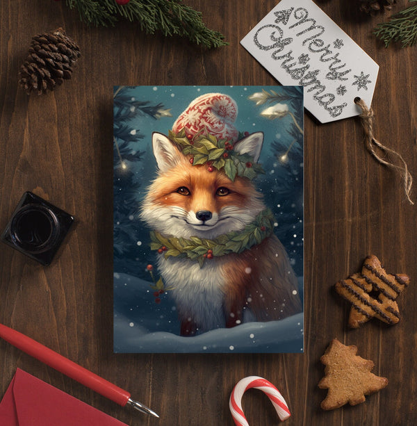 Fox Christmas Night Greeting Cards - Festive Fox in Snow with Santa Hat