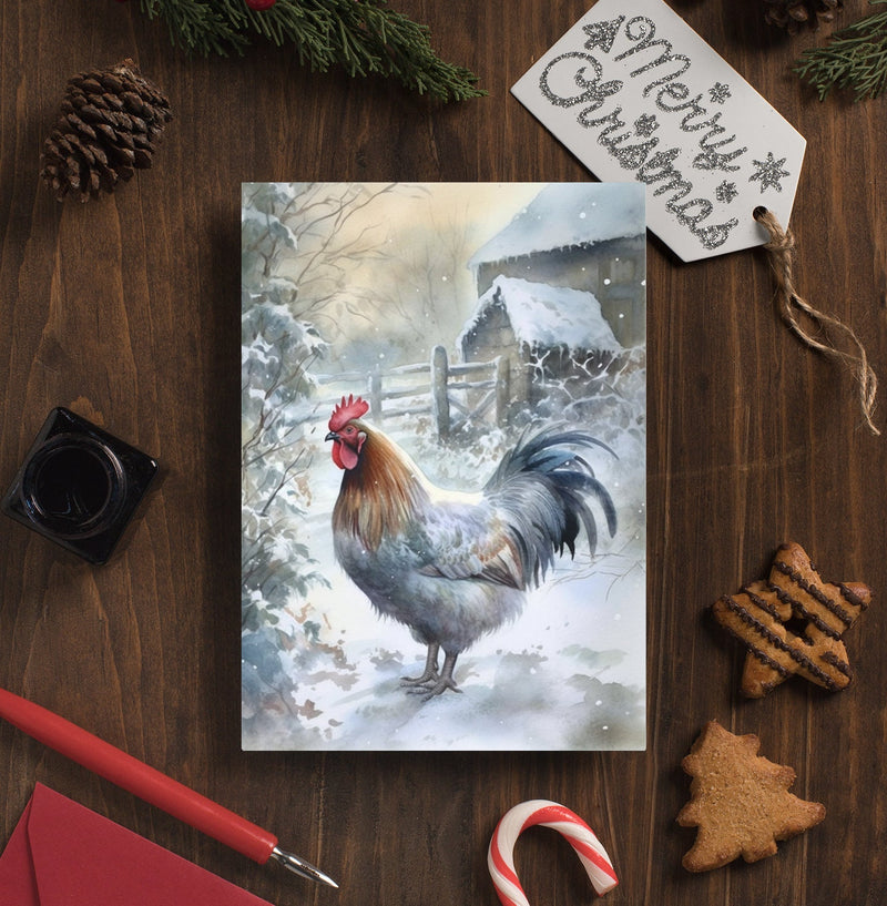 Rooster Christmas Greeting Cards - Festive Rooster in Snow Farmhouse Design