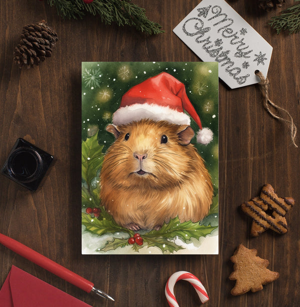 Guinea Pig Christmas Greeting Cards - Festive Guinea Pig with Santa Hat