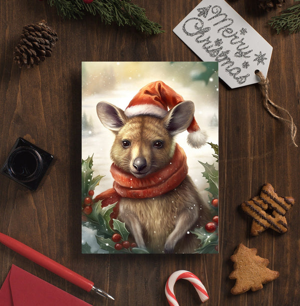 Kangaroo Christmas Card, Kangaroo in Santa Hat Greeting Card, Animal Christmas Greeting Cards