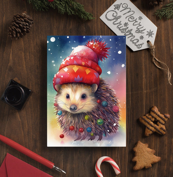 Hedgehog Christmas Greeting Cards - Festive Hedgehog with Santa Hat