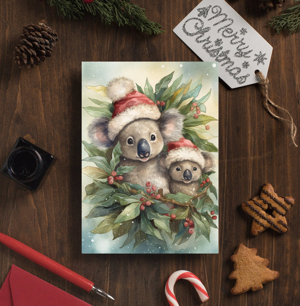 Koala Christmas Night Greeting Cards, Koala with Poinsettia in Christmas Dress Cards, Koala with Santa Hat Cards