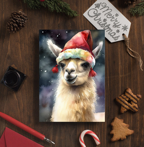 Llama Christmas Greeting Cards - Festive Llama in Santa Hat Holiday Cards