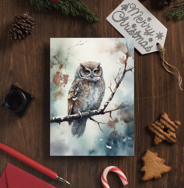 Owl Christmas Card - Watercolor Owl on Tree Branch Winter Greeting Cards