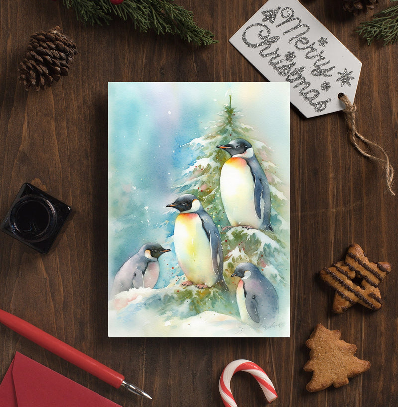 Penguin Greeting Card - Penguin Family with Christmas Tree Holiday Cards