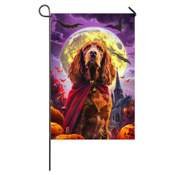 Irish Red Setter Dog Halloween Garden Flag, Spooky Dog Vampire Halloween House Flag