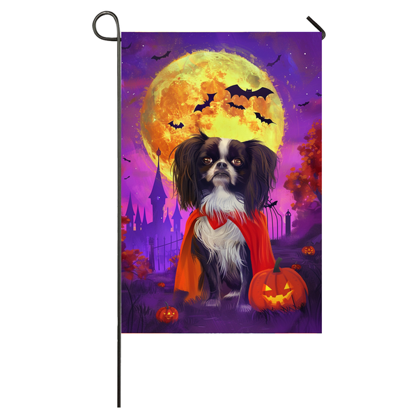 Japanese Chin Dog Halloween Garden Flag, Spooky Dog Vampire Halloween House Flag