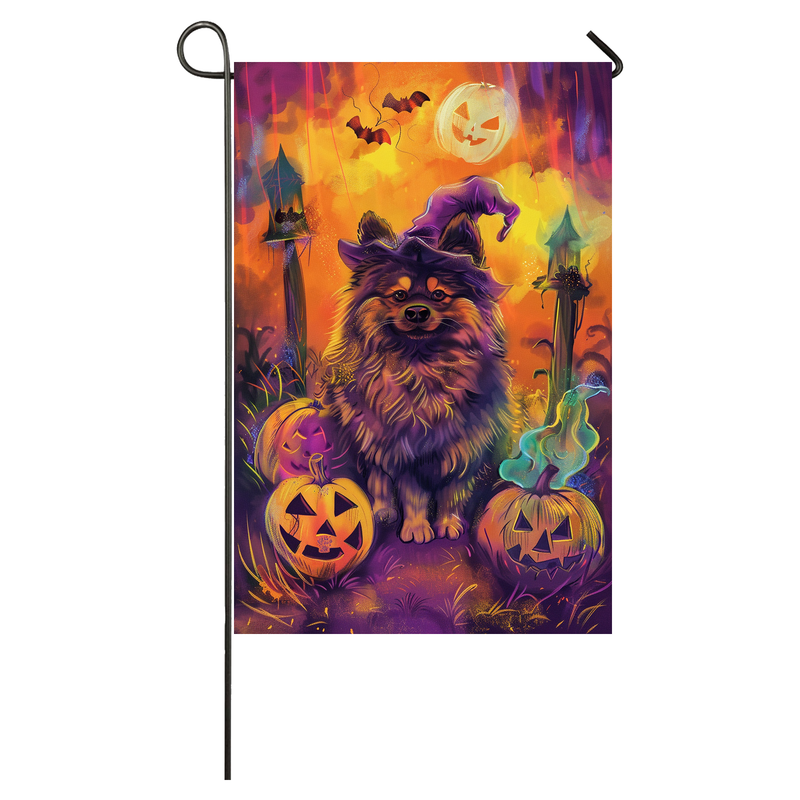 Keeshond Dog Halloween Garden Flag, Spooky Dog Witch Halloween House Flag