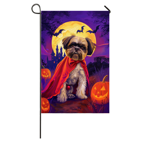 Lhasa Apso Dog Halloween Garden Flag, Spooky Dog Vampire Halloween House Flag