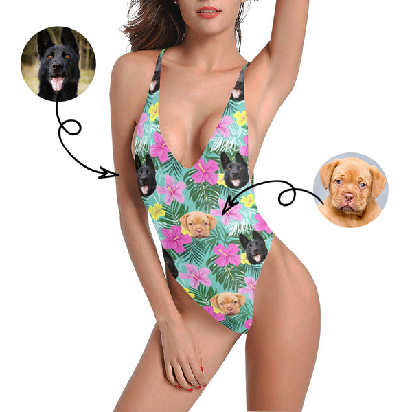 Personalized Sexy Low Back One-Piece Swimsuit with Pet Faces & Summer Patterns, Custom Faces Bikini