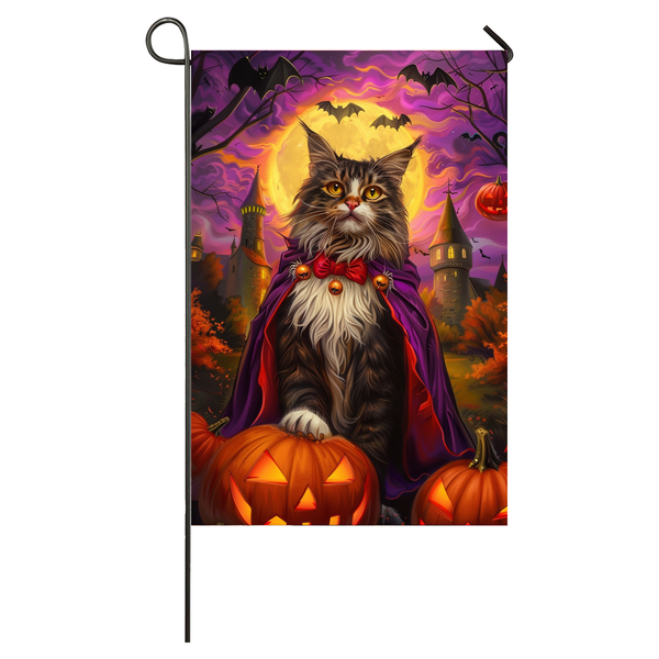 Maine Coon Cat Halloween Garden Flag, Spooky Cat Vampire Halloween House Flag