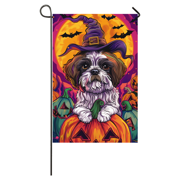 Malti Tzu Dog Halloween Garden Flag, Spooky Dog Witch Halloween House Flag