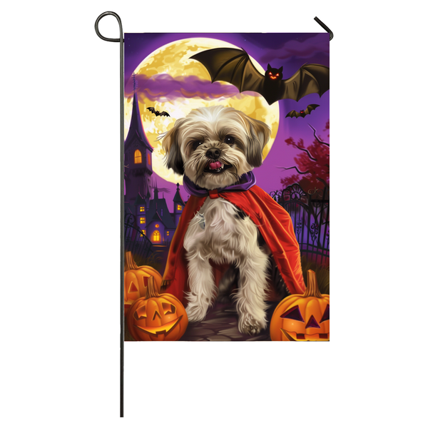 Malti Tzu Dog Halloween Garden Flag, Spooky Dog Vampire Halloween House Flag