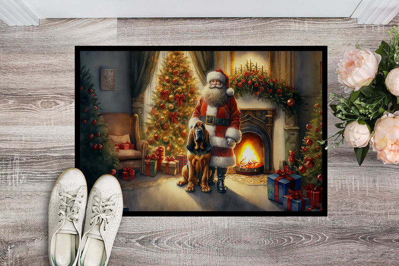 Christmas Doormat with Bloodhound Dog, Santa Claus, Christmas Tree & Fireplace – Holiday Door Mat for Indoor or Outdoor Use