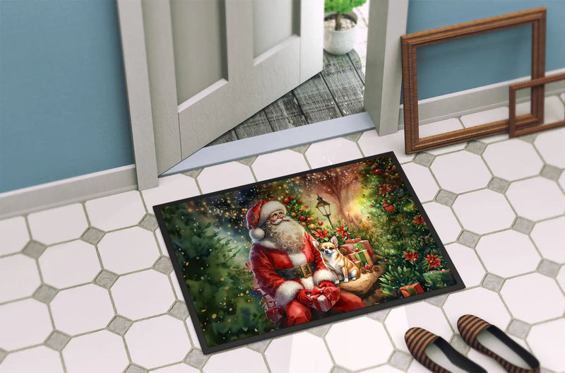 Christmas Doormat with Chihuahua Dog, Santa Claus & Christmas Tree – Holiday Door Mat for Indoor or Outdoor Use