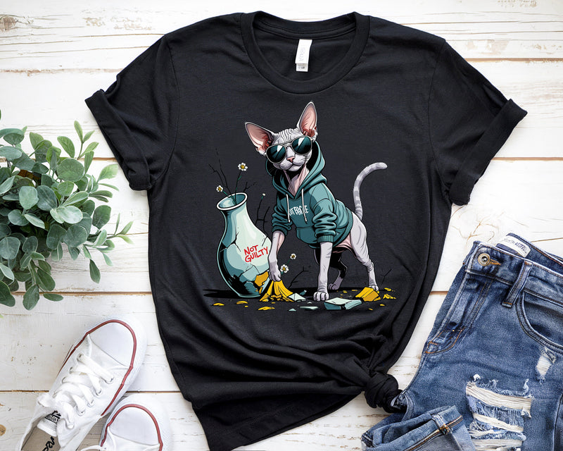 Not Guilty Cat T-Shirt – Funny Sphynx Cat Attitude Tee