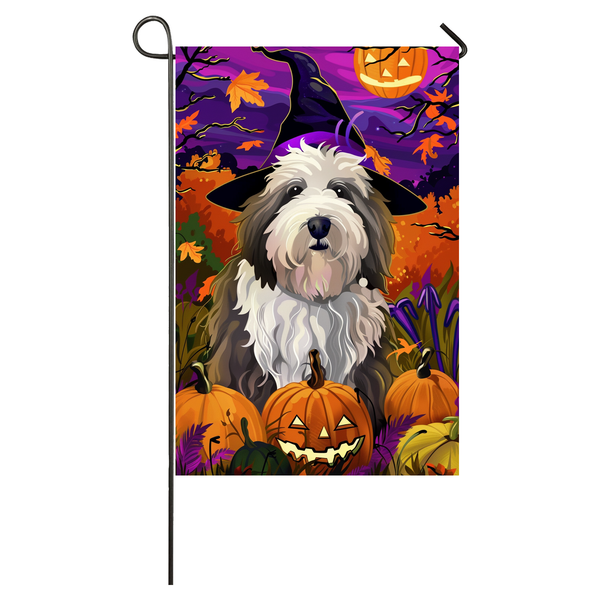 Old English Sheepdog Dog Halloween Garden Flag, Spooky Dog Witch Halloween House Flag