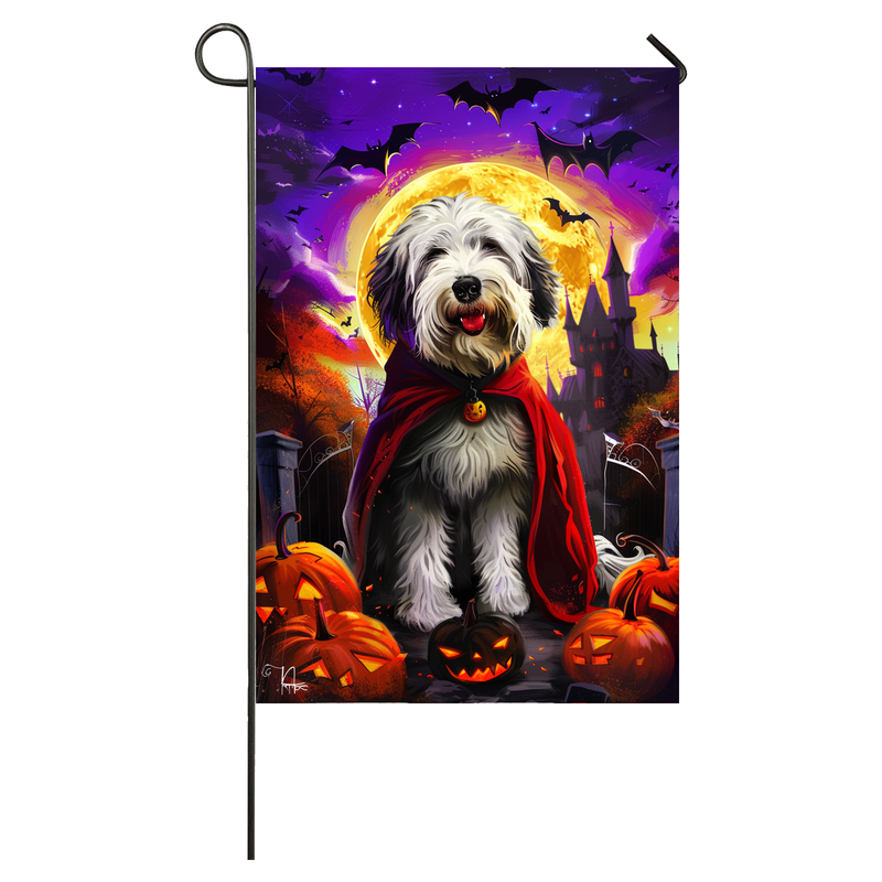 Old English Sheepdog Dog Halloween Garden Flag, Spooky Dog Vampire Halloween House Flag