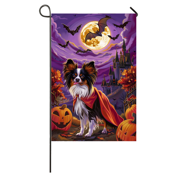 Papillon Dog Halloween Garden Flag, Spooky Dog Vampire Halloween House Flag