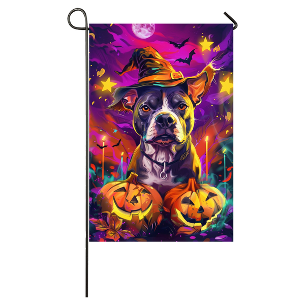 Pitbull Dog Halloween Garden Flag, Spooky Dog Witch Halloween House Flag