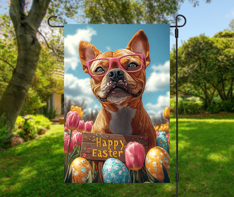 Pit Bull Dog Easter Garden Flag – Cute Spring Tulip Decor