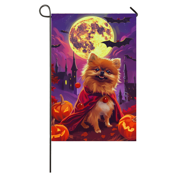 Pomeranian Dog Halloween Garden Flag, Spooky Dog Vampire Halloween House Flag