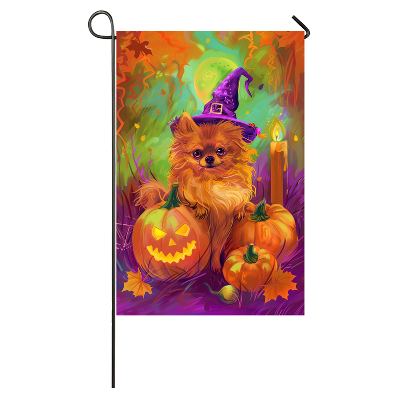 Pomeranian Dog Halloween Garden Flag, Spooky Dog Witch Halloween House Flag