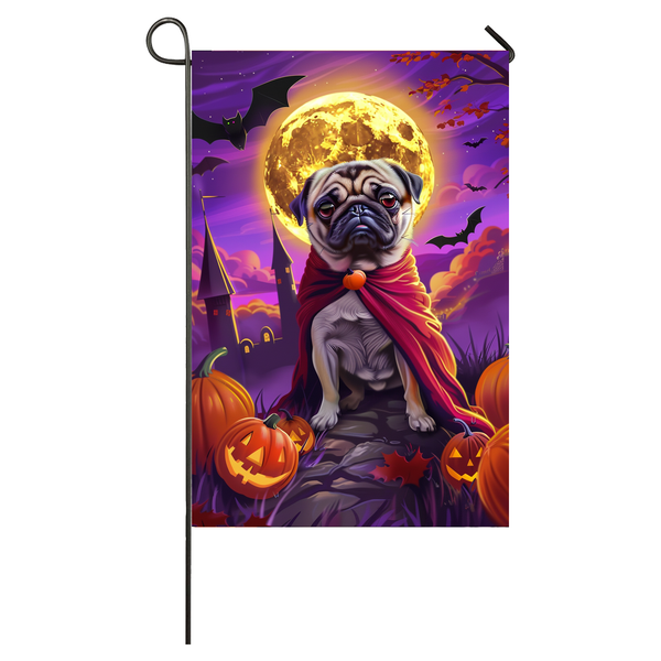 Pug Dog Halloween Garden Flag, Spooky Dog Vampire Halloween House Flag