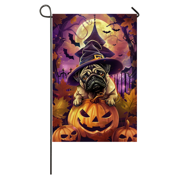 Pug Dog Halloween Garden Flag, Spooky Dog Witch Halloween House Flag