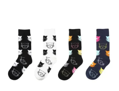 4 Pairs of Fun and Whimsical Cat Design Cotton Socks for Women and Men - Cute and Cozy Novelty Animal Socks