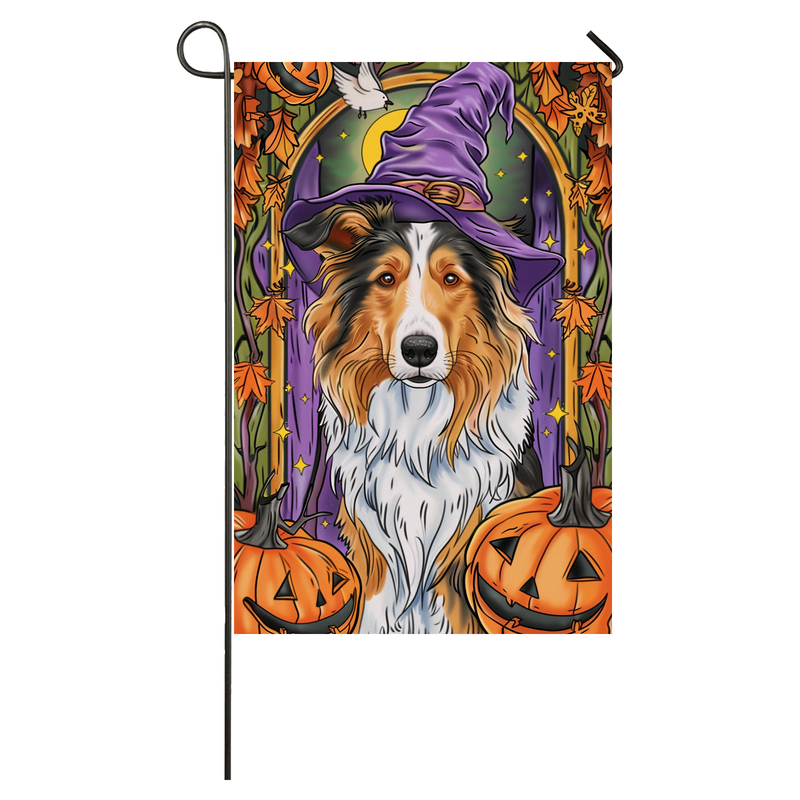 Rough Collie Dog Halloween Garden Flag, Spooky Dog Witch Halloween House Flag