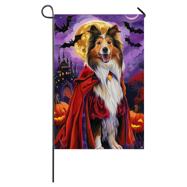 Rough Collie Dog Halloween Garden Flag, Spooky Dog Vampire Halloween House Flag