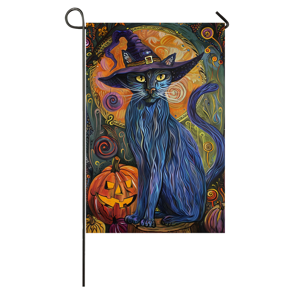 Russian Blue Cat Halloween Garden Flag, Spooky Cat Witch Halloween House Flag