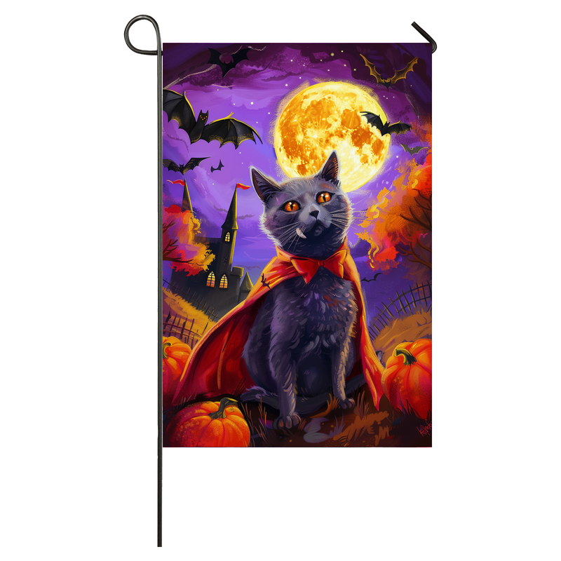 Russian Blue Cat Halloween Garden Flag, Spooky Cat Vampire Halloween House Flag