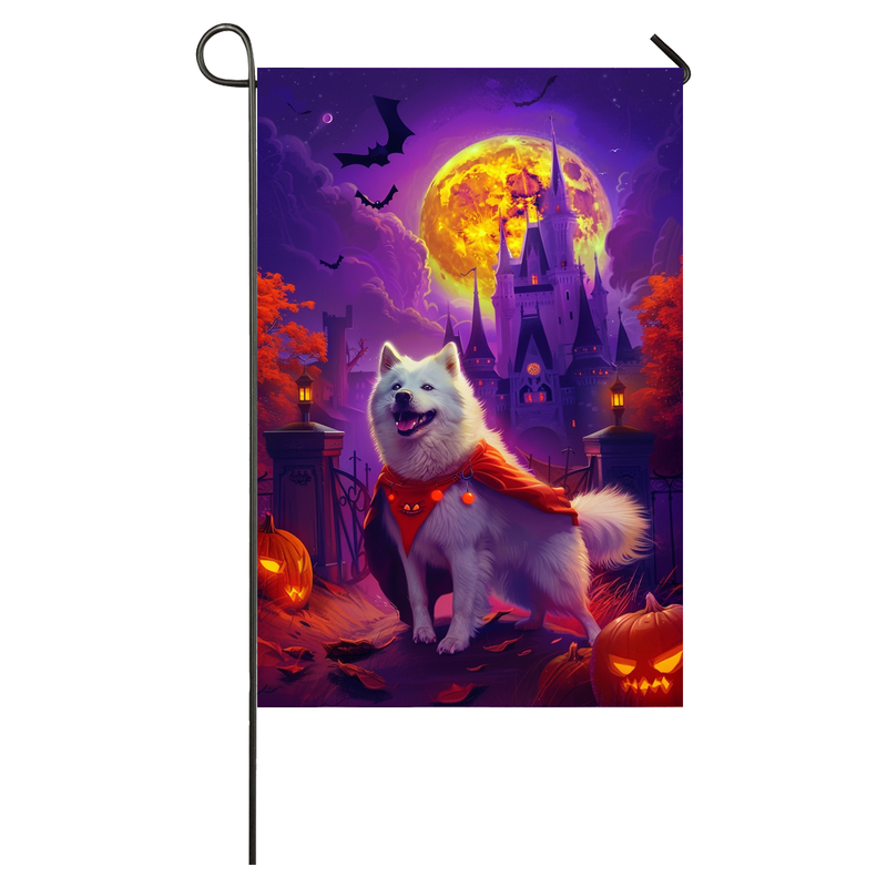 Samoyed Dog Halloween Garden Flag, Spooky Dog Vampire Halloween House Flag