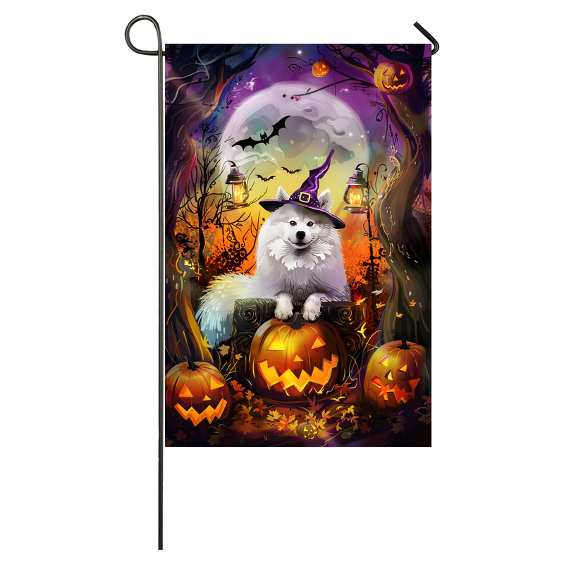 Samoyed Dog Halloween Garden Flag, Spooky Dog Witch Halloween House Flag