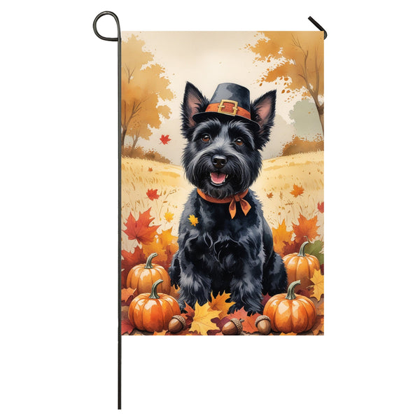 Scottish Terrier Thanksgiving Garden Flag A Fall Dog House Flag with Leaves, Pumpkins & Pilgrim Hat