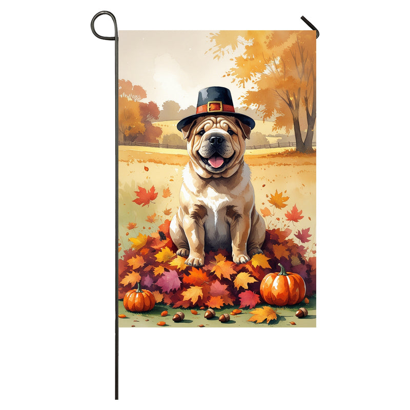Shar Pei Thanksgiving Garden Flag A Fall Dog House Flag with Leaves, Pumpkins & Pilgrim Hat