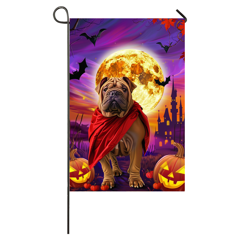 Shar Pei Dog Halloween Garden Flag, Spooky Dog Vampire Halloween House Flag