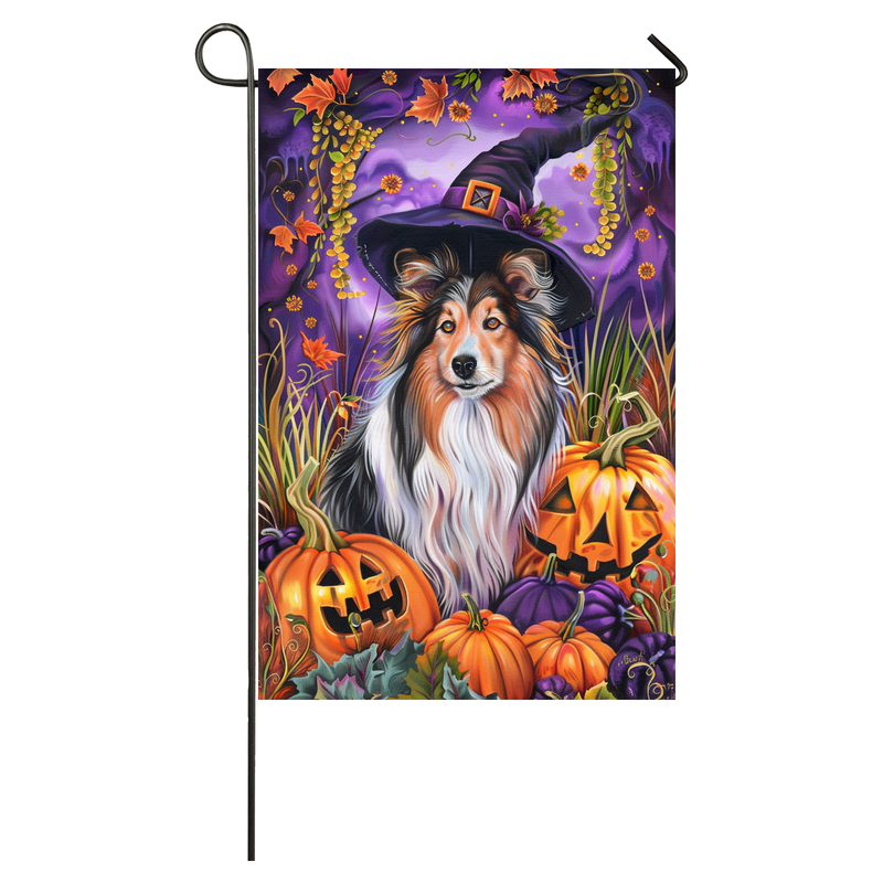 Shetland Sheepdog Dog Halloween Garden Flag, Spooky Dog Witch Halloween House Flag