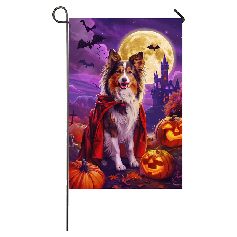 Shetland Sheepdog Dog Halloween Garden Flag, Spooky Dog Vampire Halloween House Flag